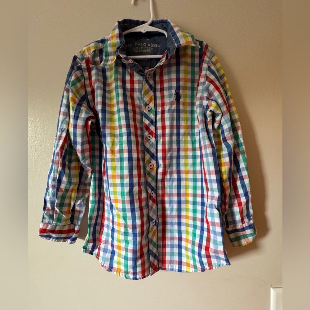 Us Polo Assn Boys Button-Down Shirt Size 8 Plaid Rainbow